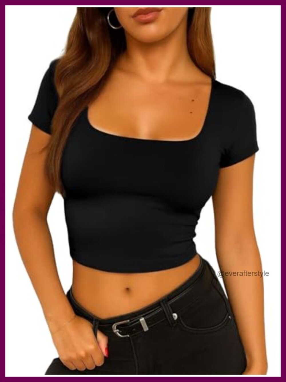 Double Lined Square Neck Crop Top Short Sleeve Slim Fit Basic Tee